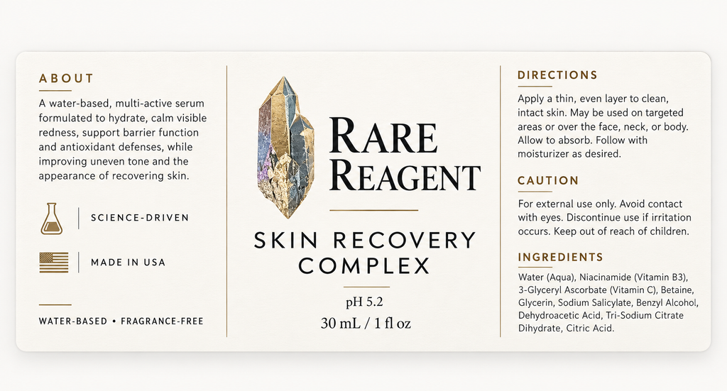 Rare Reagent Skin Recovery Complex product label with ingredients and directions