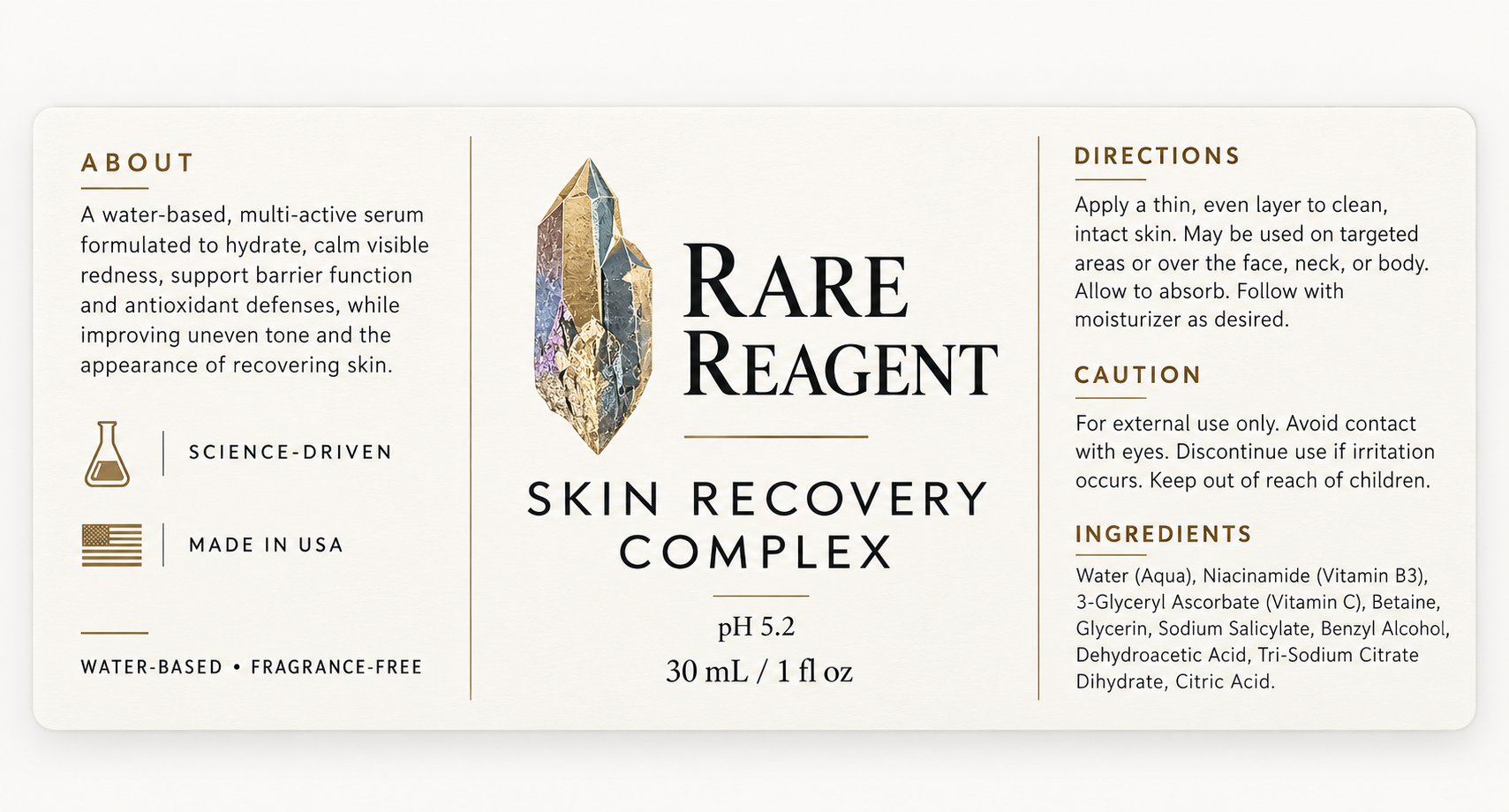 Rare Reagent Skin Recovery Complex product label with ingredients and directions