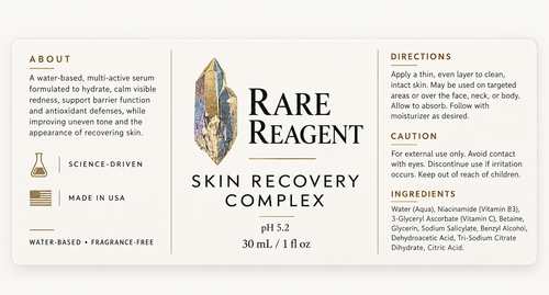 Rare Reagent Skin Recovery Complex product label with ingredients and directions